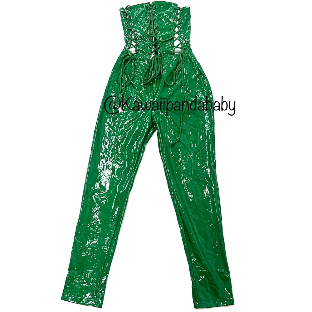 Y2K Sexy Strapless Faux Patent Leather Lace Up Jumpsuit Green Women’s SZ Small